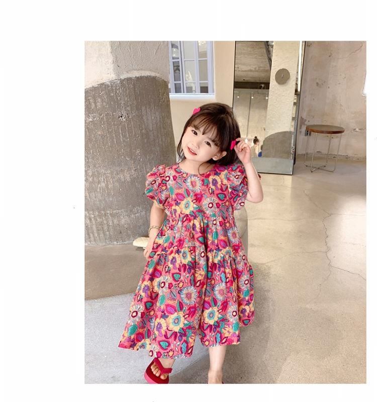 Girls Skirt Peacock Flower Multi Dress Short Sleeve Princess Dress New Children's Clothes 3-8 Years Old