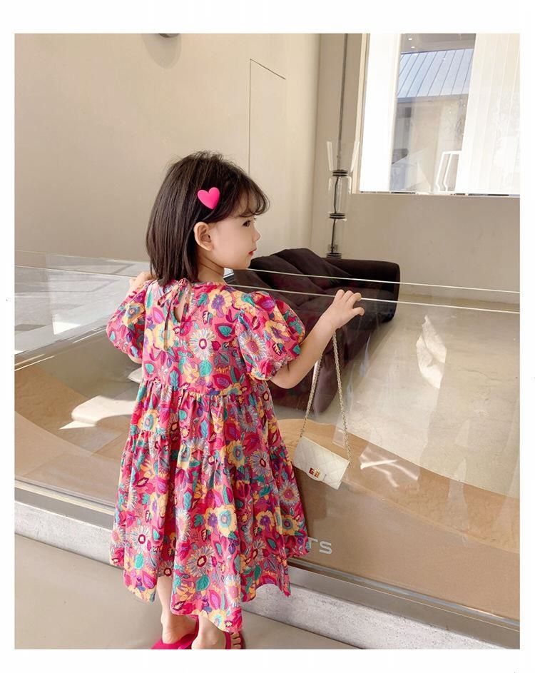 Girls Skirt Peacock Flower Multi Dress Short Sleeve Princess Dress New Children's Clothes 3-8 Years Old