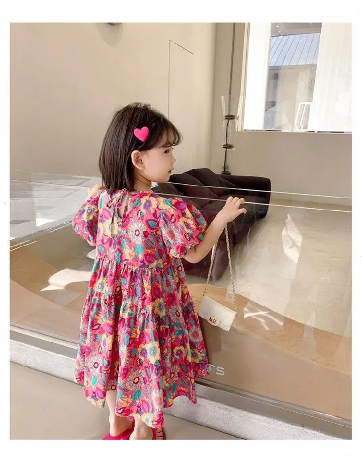 Girls Skirt Peacock Flower Multi Dress Short Sleeve Princess Dress New Children's Clothes 3-8 Years Old