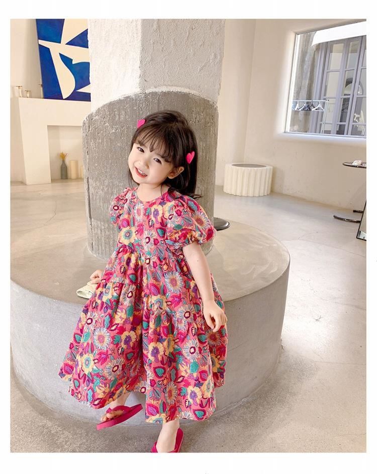 Girls Skirt Peacock Flower Multi Dress Short Sleeve Princess Dress New Children's Clothes 3-8 Years Old