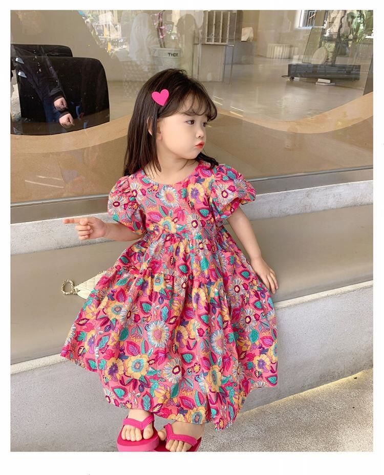 Girls Skirt Peacock Flower Multi Dress Short Sleeve Princess Dress New Children's Clothes 3-8 Years Old