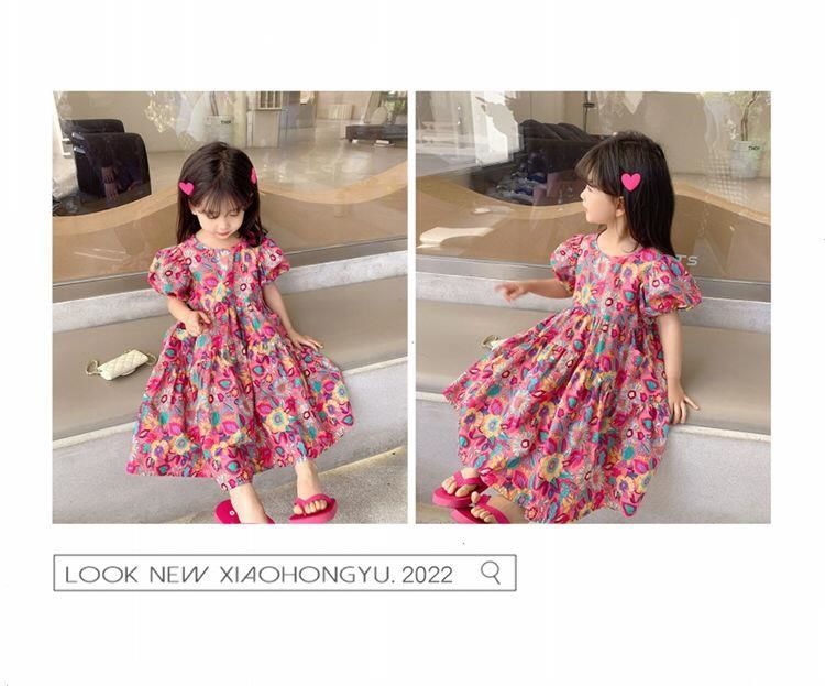 Girls Skirt Peacock Flower Multi Dress Short Sleeve Princess Dress New Children's Clothes 3-8 Years Old