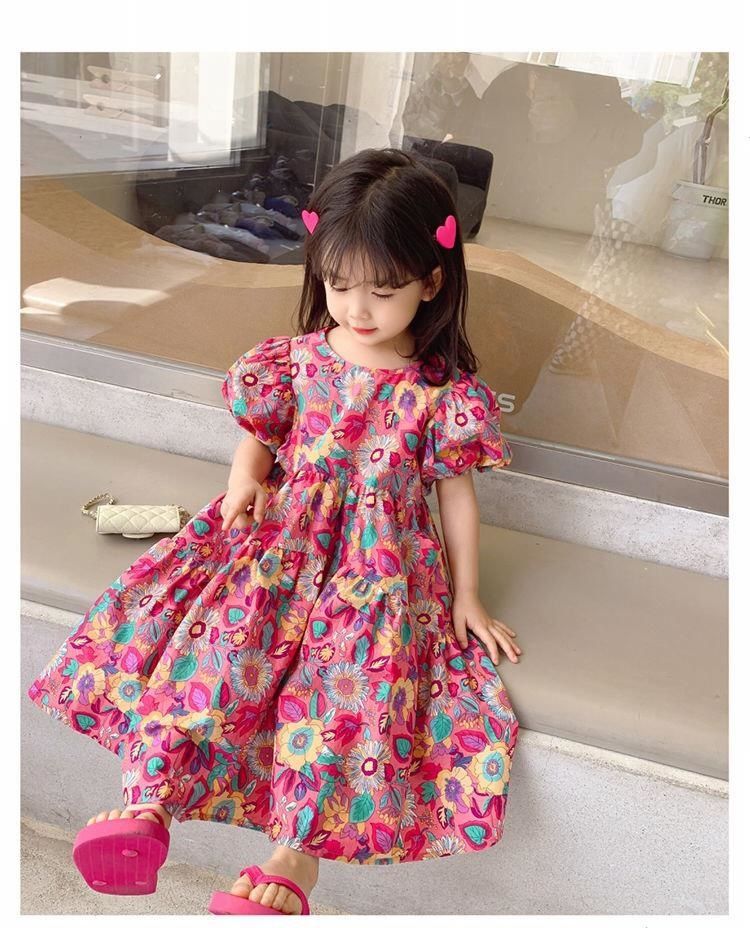 Girls Skirt Peacock Flower Multi Dress Short Sleeve Princess Dress New Children's Clothes 3-8 Years Old