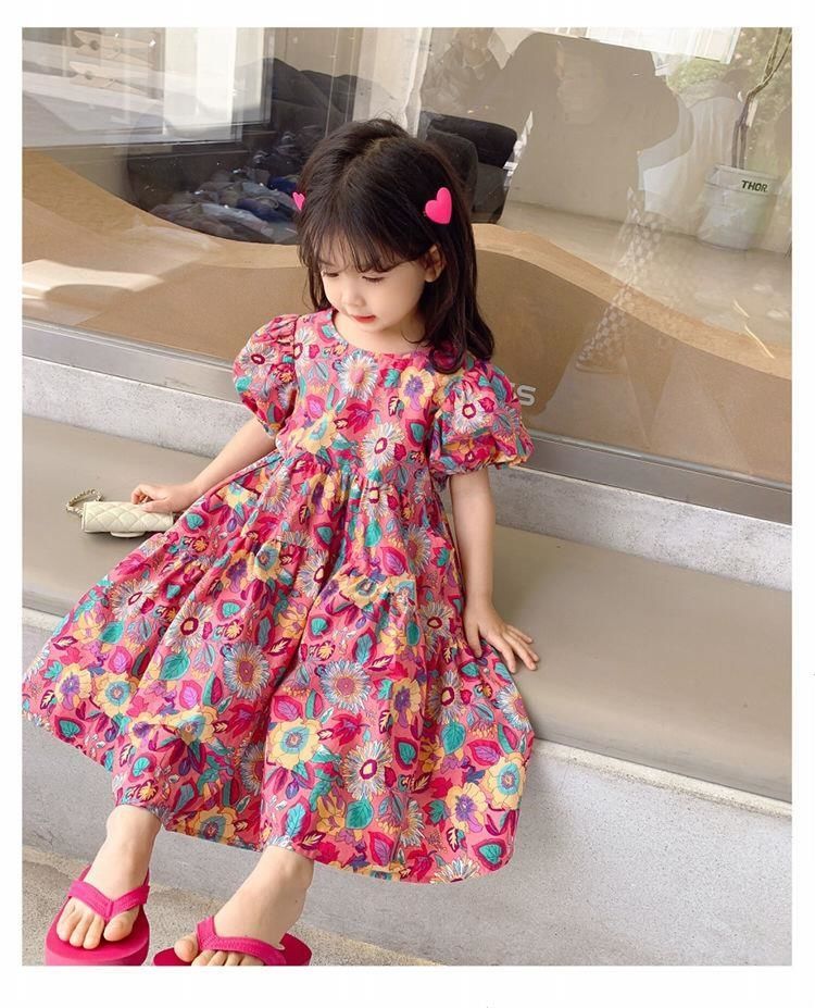 Girls Skirt Peacock Flower Multi Dress Short Sleeve Princess Dress New Children's Clothes 3-8 Years Old