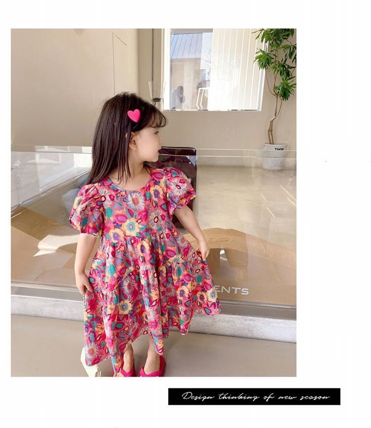 Girls Skirt Peacock Flower Multi Dress Short Sleeve Princess Dress New Children's Clothes 3-8 Years Old