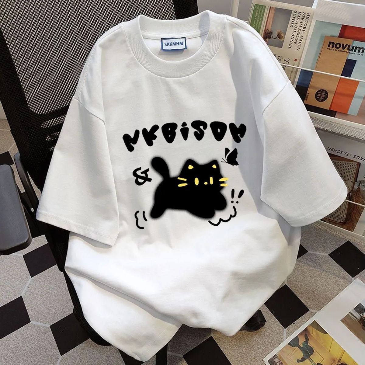 100% cotton cat print summer short sleeve T-shirt women's loose casual look thin and versatile round neck comfortable