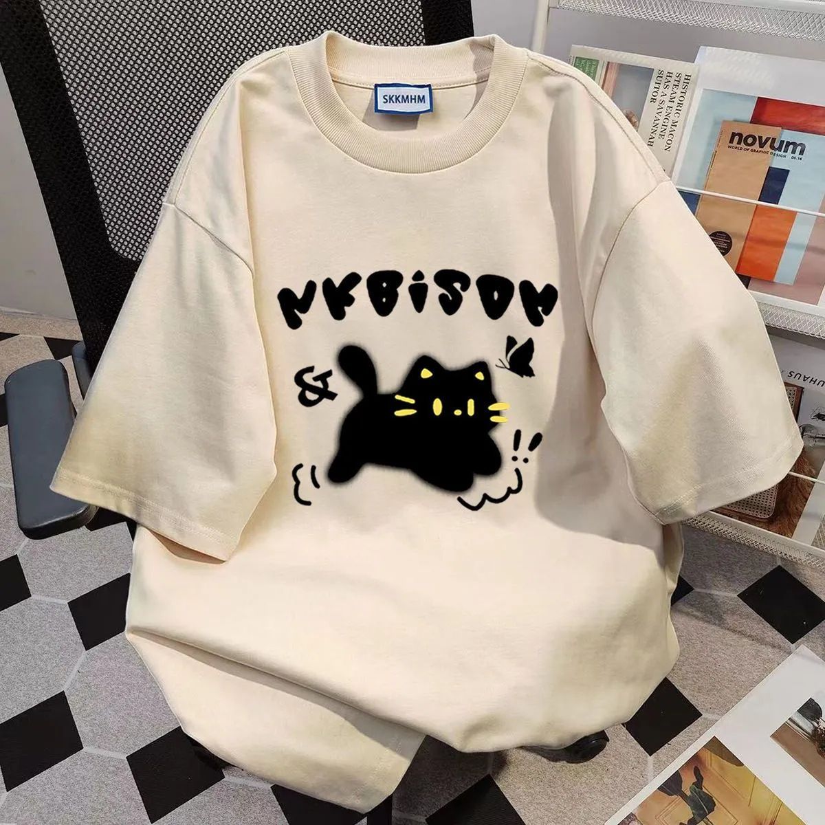 100% cotton cat print summer short sleeve T-shirt women's loose casual look thin and versatile round neck comfortable