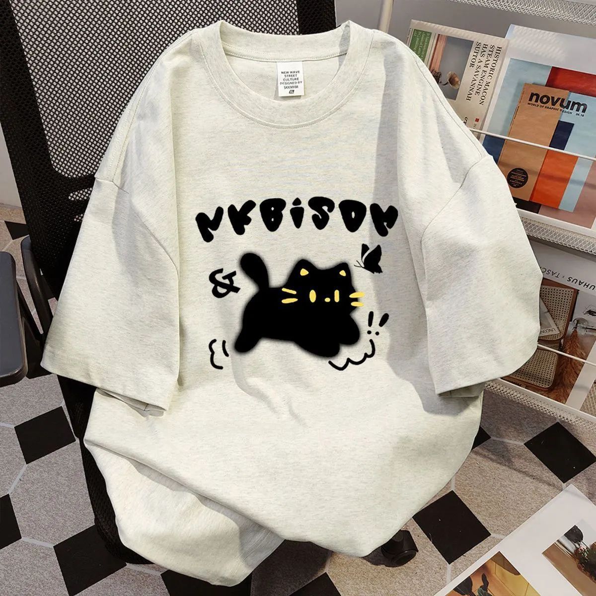 100% cotton cat print summer short sleeve T-shirt women's loose casual look thin and versatile round neck comfortable