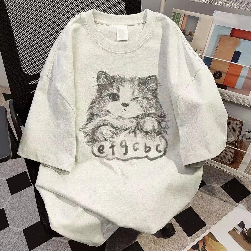 100% cotton cat print summer short sleeve T-shirt women's loose casual look thin and versatile round neck comfortable