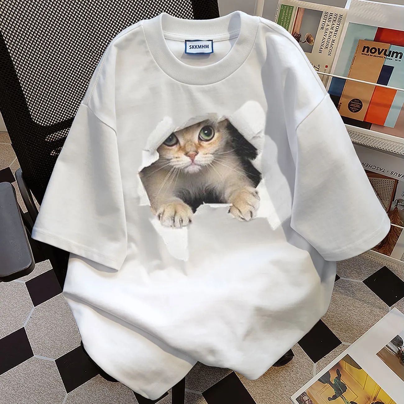 100% cotton cat print summer short sleeve T-shirt women's loose casual look thin and versatile round neck comfortable