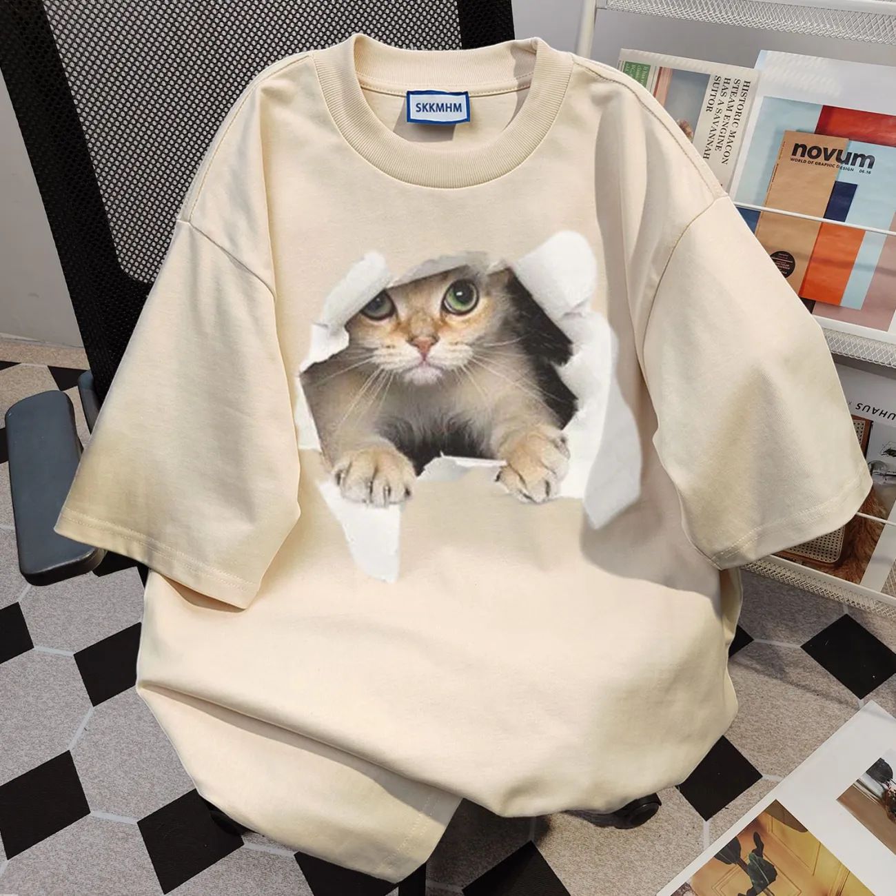 100% cotton cat print summer short sleeve T-shirt women's loose casual look thin and versatile round neck comfortable