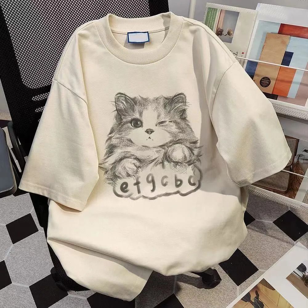 100% cotton cat print summer short sleeve T-shirt women's loose casual look thin and versatile round neck comfortable