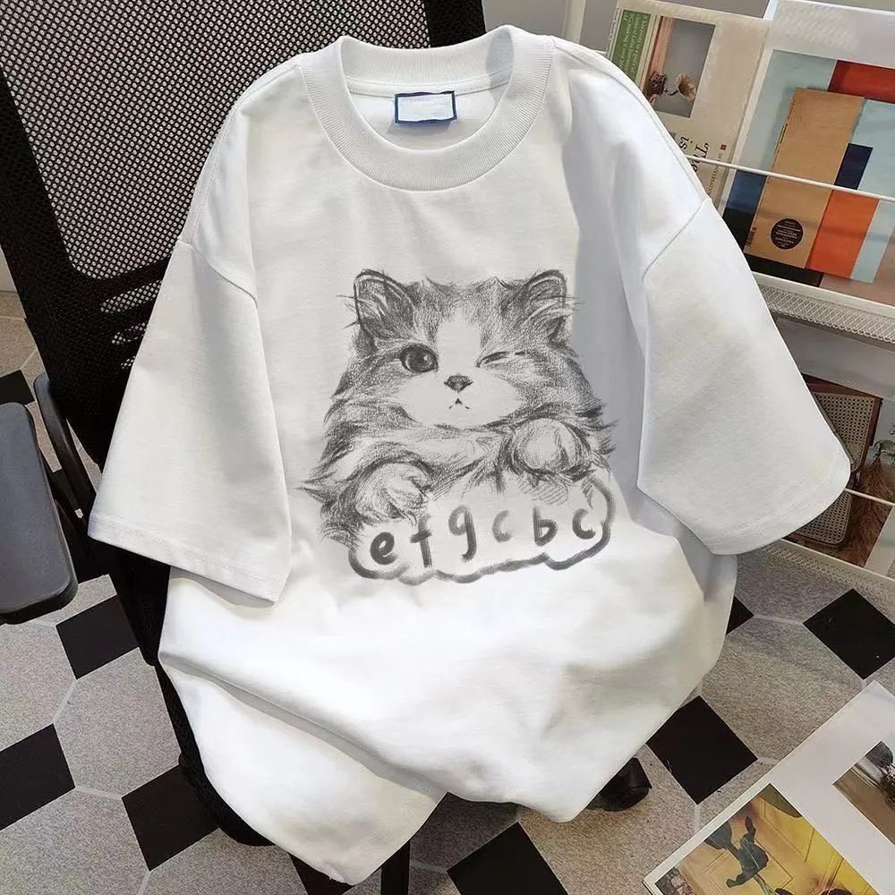 100% cotton cat print summer short sleeve T-shirt women's loose casual look thin and versatile round neck comfortable