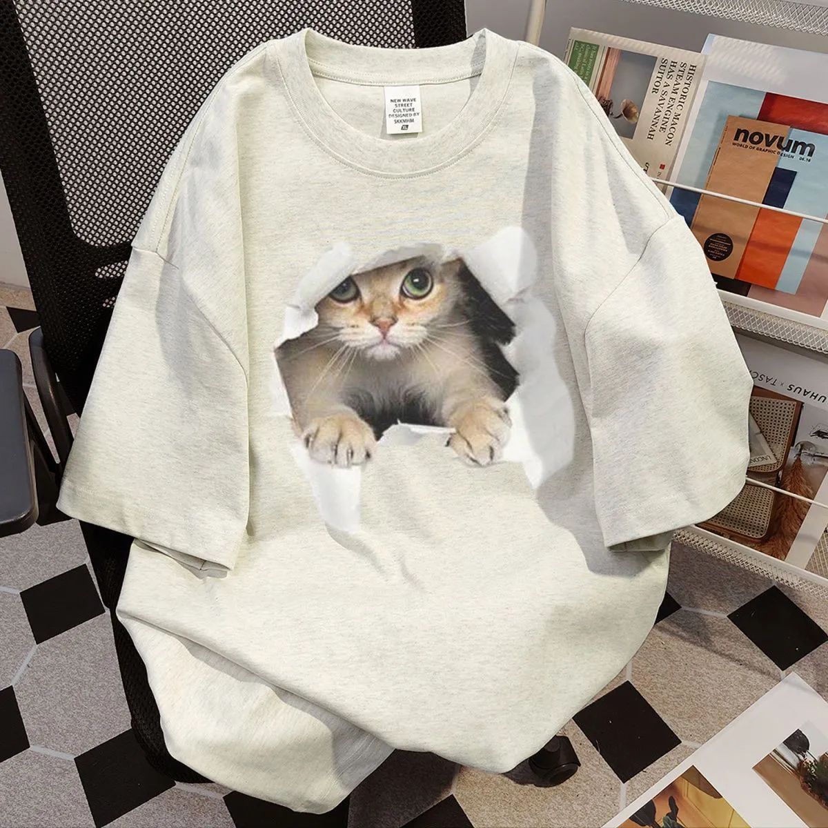 100% cotton cat print summer short sleeve T-shirt women's loose casual look thin and versatile round neck comfortable