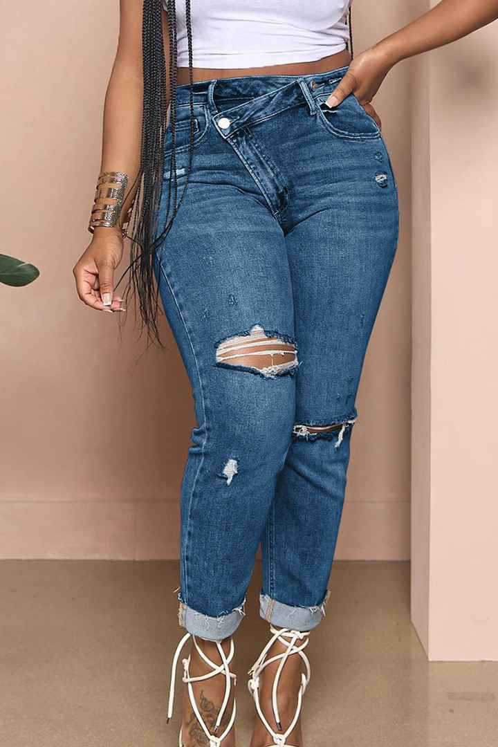 2024 New Ripped High Waist Jeans Women's Fit Design Trousers
