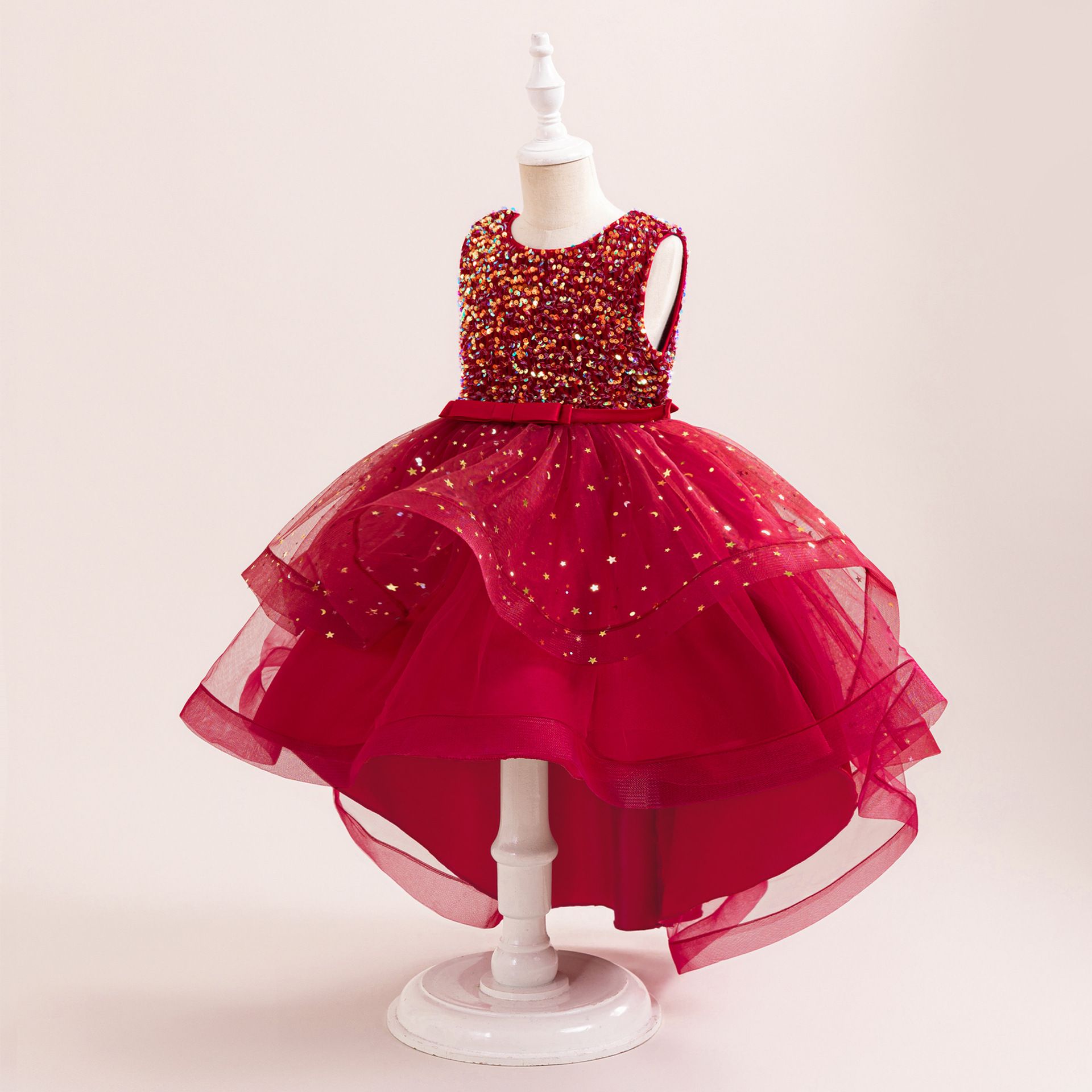 Girls' Dresses, Girls' Birthday Dresses, Children's Evening Dresses, Star Beads, Mesh, Trailing Satin Skirts