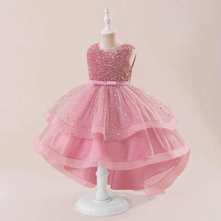 Girls' Dresses, Girls' Birthday Dresses, Children's Evening Dresses, Star Beads, Mesh, Trailing Satin Skirts