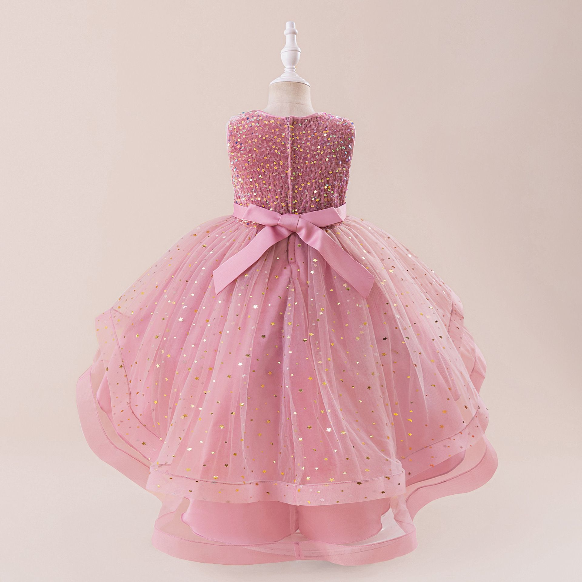 Girls' Dresses, Girls' Birthday Dresses, Children's Evening Dresses, Star Beads, Mesh, Trailing Satin Skirts