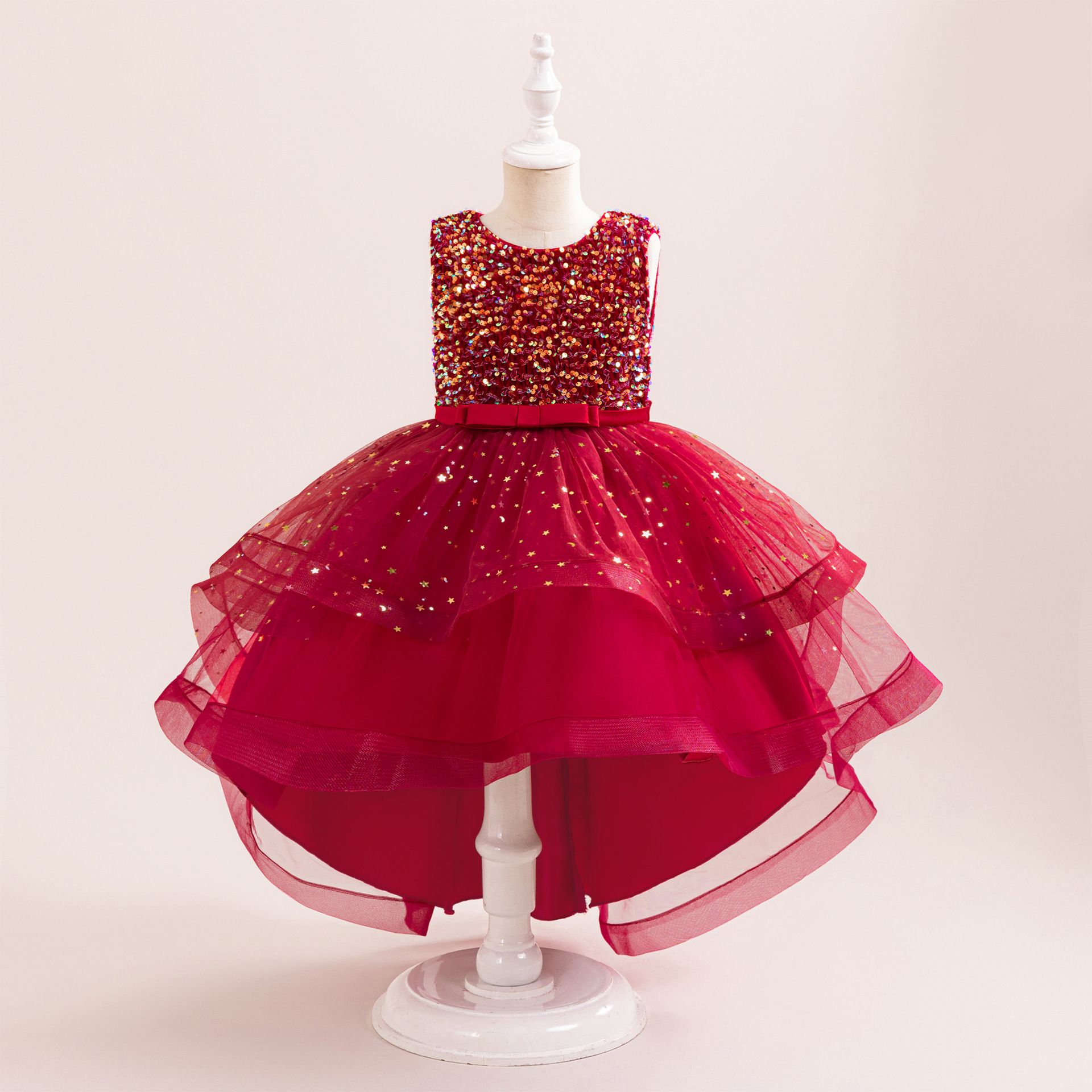 Girls' Dresses, Girls' Birthday Dresses, Children's Evening Dresses, Star Beads, Mesh, Trailing Satin Skirts
