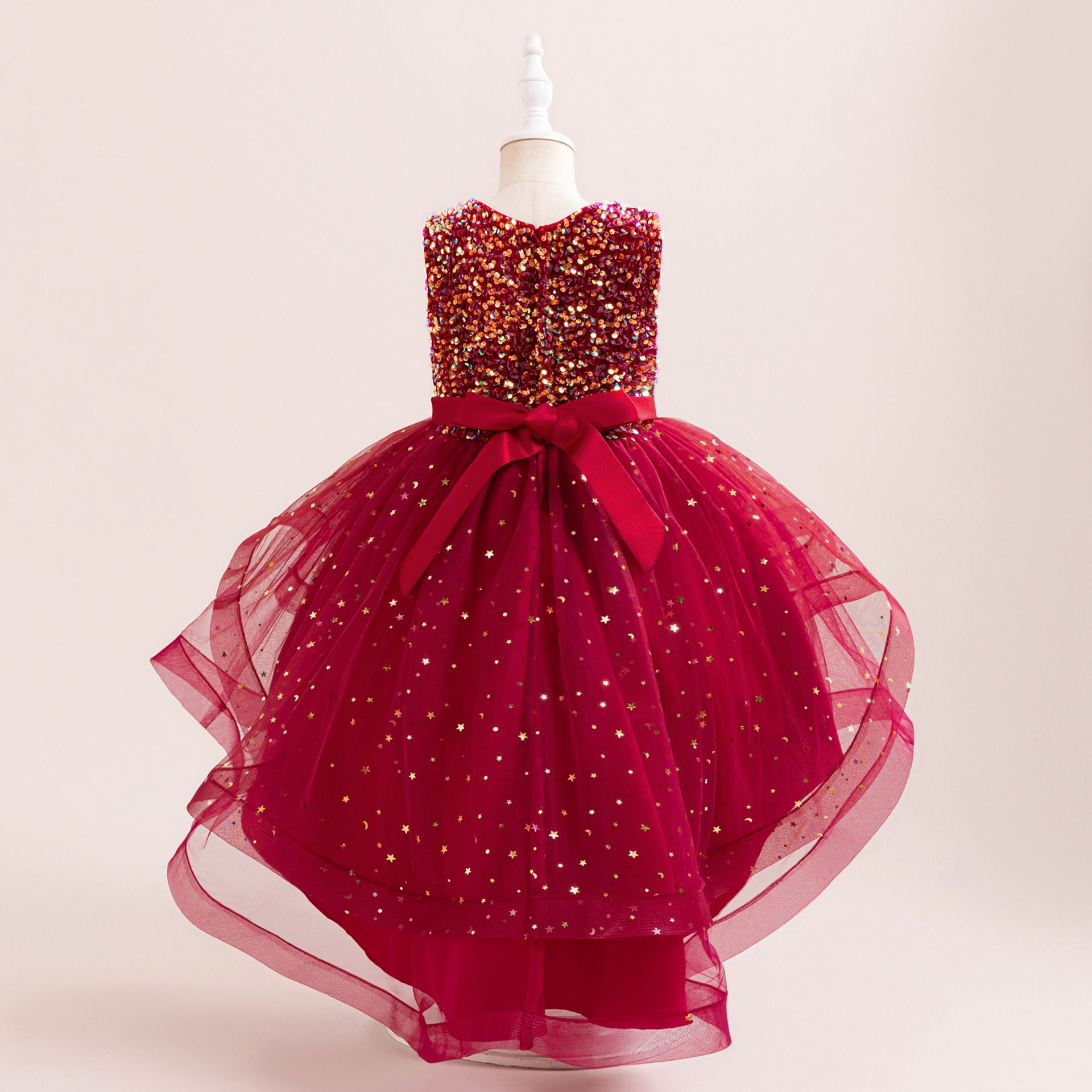 Girls' Dresses, Girls' Birthday Dresses, Children's Evening Dresses, Star Beads, Mesh, Trailing Satin Skirts