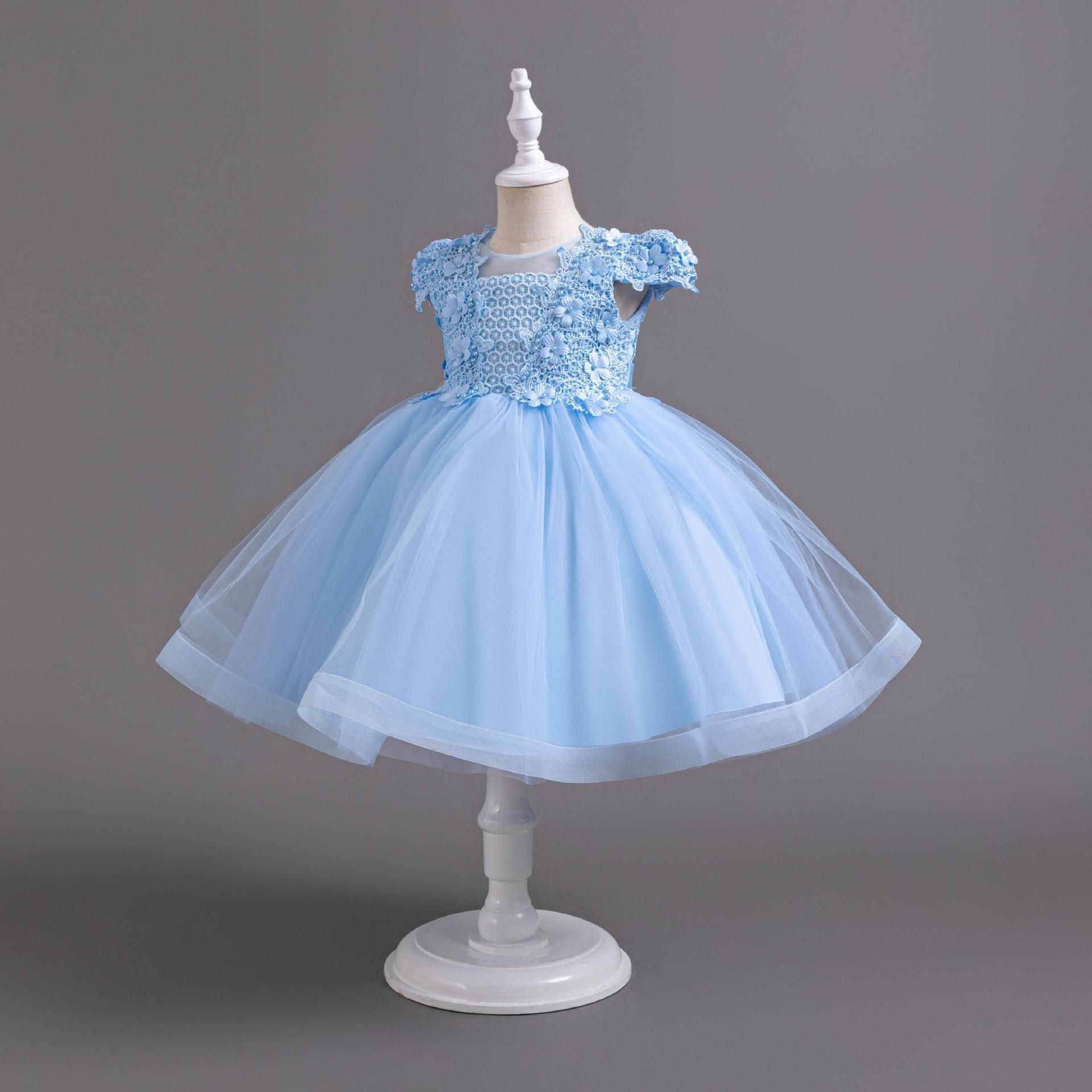 Summer children's skirts, birthday dresses, small middle children's beads, princess dresses, flying sleeves, girls' mesh dresses, baptismal dresses