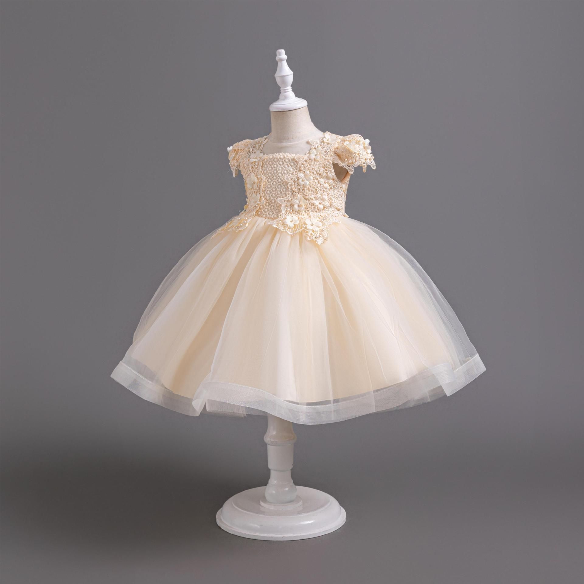 Summer children's skirts, birthday dresses, small middle children's beads, princess dresses, flying sleeves, girls' mesh dresses, baptismal dresses