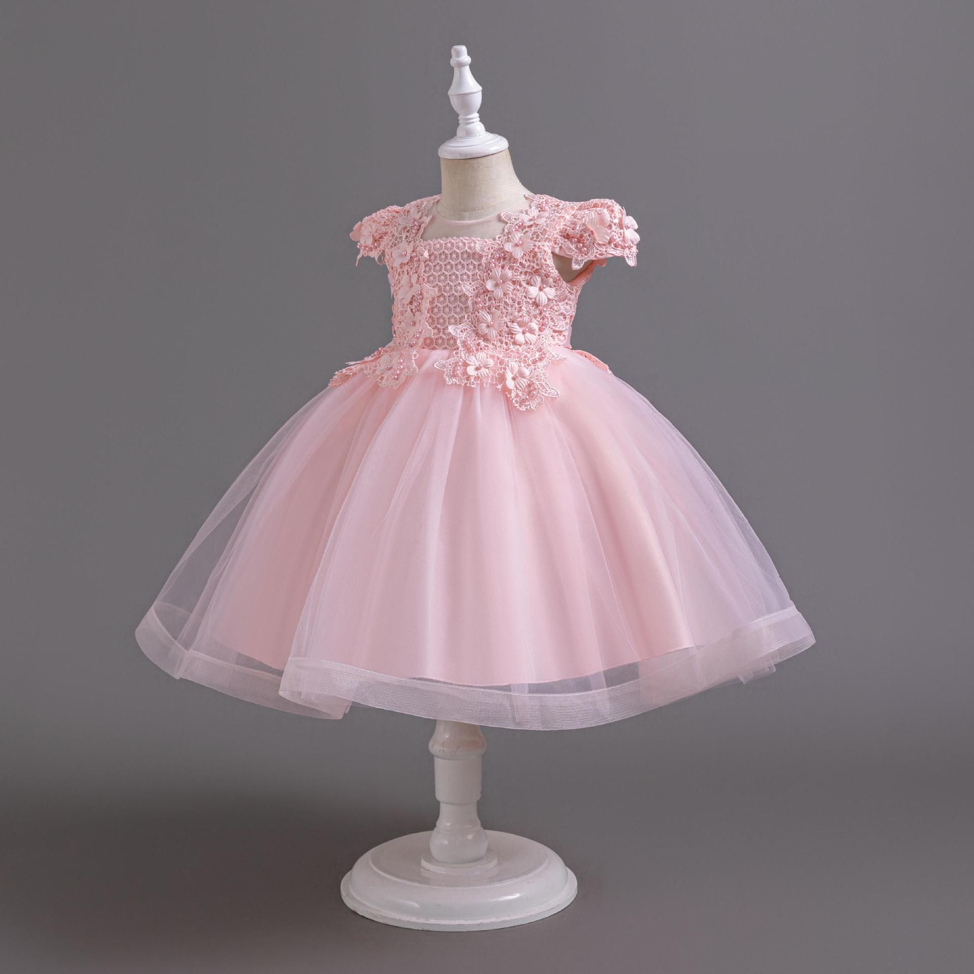 Summer children's skirts, birthday dresses, small middle children's beads, princess dresses, flying sleeves, girls' mesh dresses, baptismal dresses
