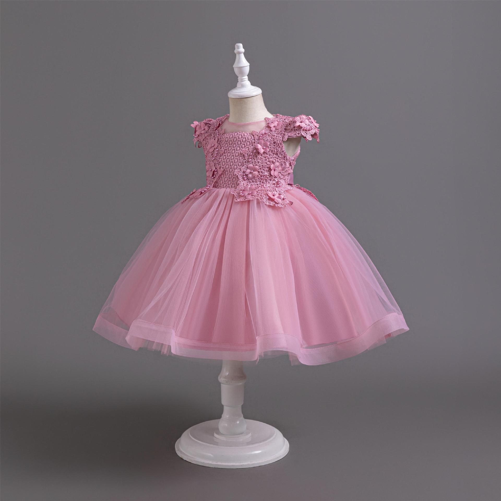 Summer children's skirts, birthday dresses, small middle children's beads, princess dresses, flying sleeves, girls' mesh dresses, baptismal dresses