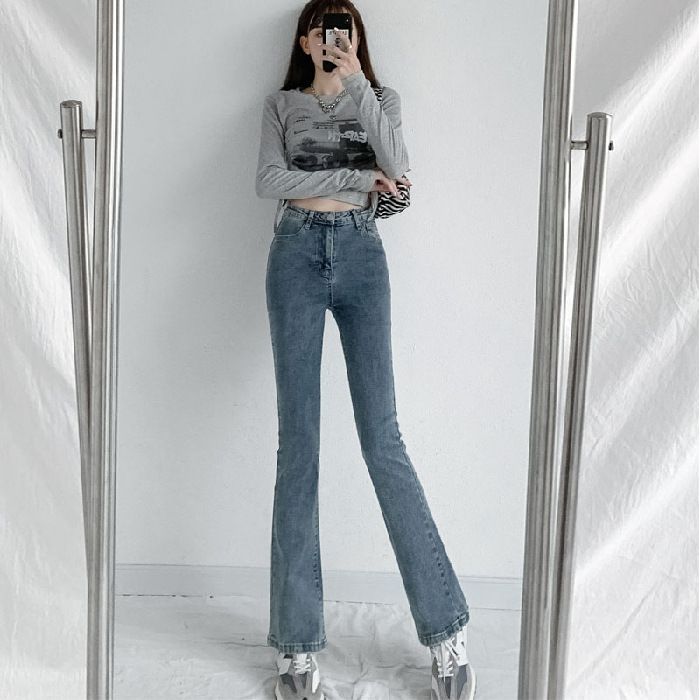 Spring high-waisted stretch slightly flared jeans women's slim slim and slim new skinny horseshoe pants are versatile
