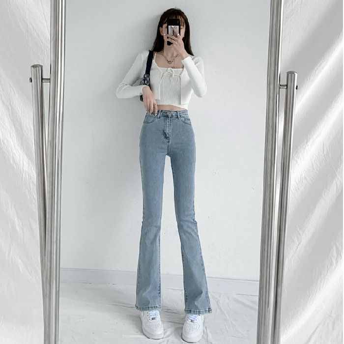 Spring high-waisted stretch slightly flared jeans women's slim slim and slim new skinny horseshoe pants are versatile