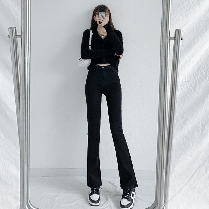 Spring high-waisted stretch slightly flared jeans women's slim slim and slim new skinny horseshoe pants are versatile