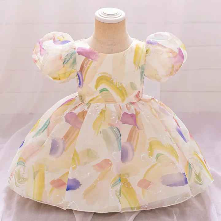New Girls Baby Dress Skirt Baby Puff Sleeve Printed Flower Girl Dress One Year Old Baby Dress