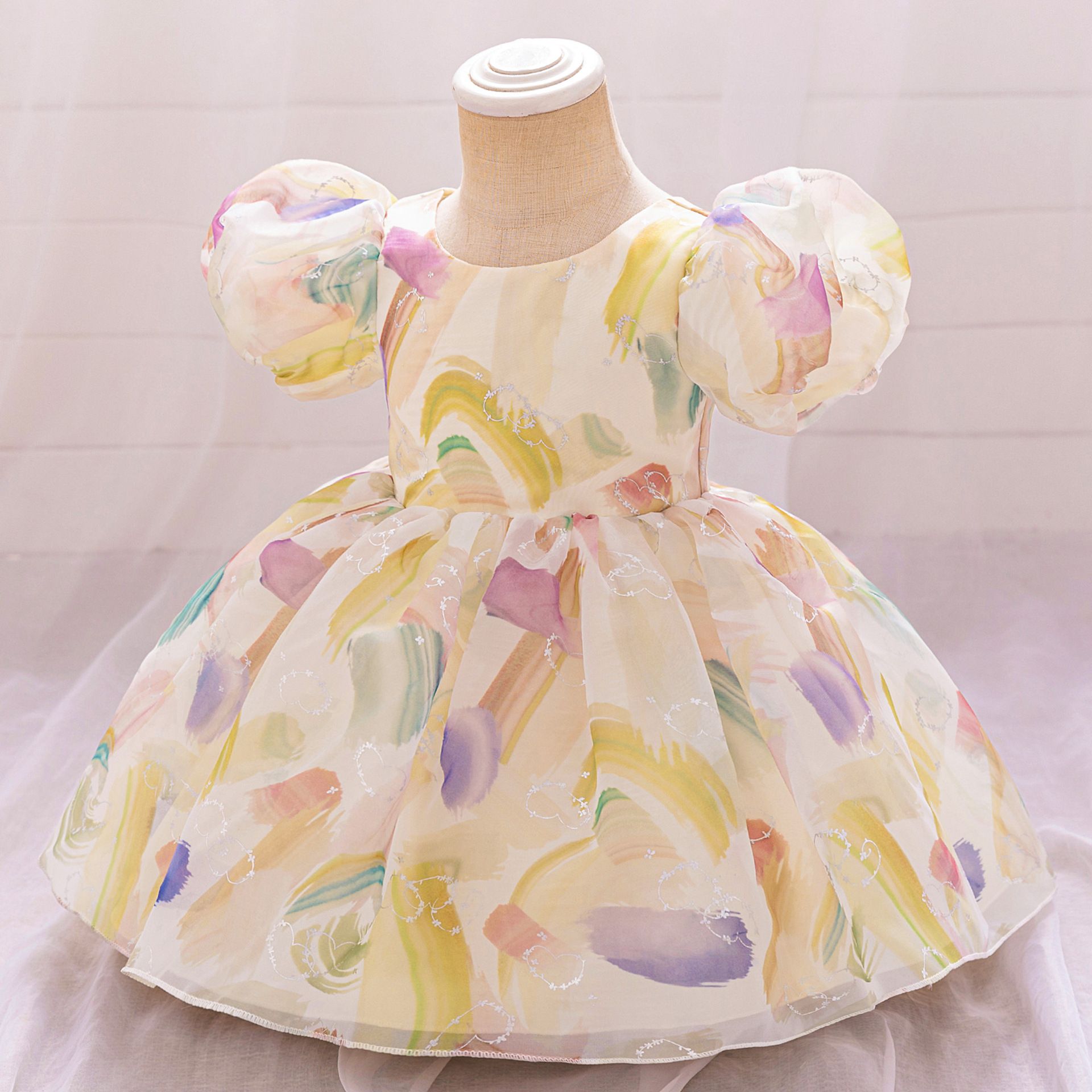 New Girls Baby Dress Skirt Baby Puff Sleeve Printed Flower Girl Dress One Year Old Baby Dress