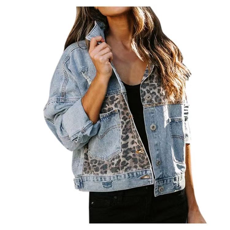 WinterDenim jacket women's long sleeve denim jacket jacket women's leopard print panels