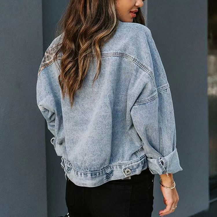 WinterDenim jacket women's long sleeve denim jacket jacket women's leopard print panels