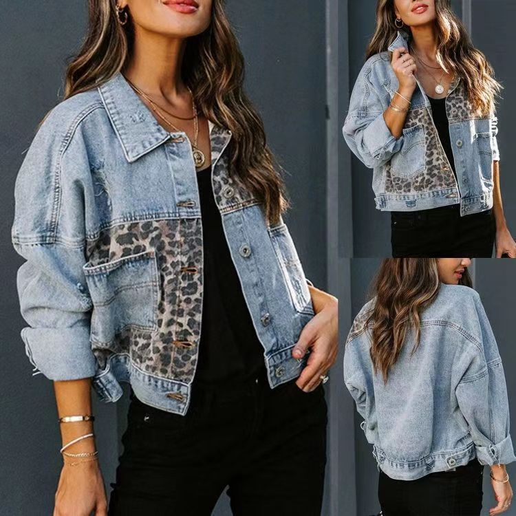 WinterDenim jacket women's long sleeve denim jacket jacket women's leopard print panels