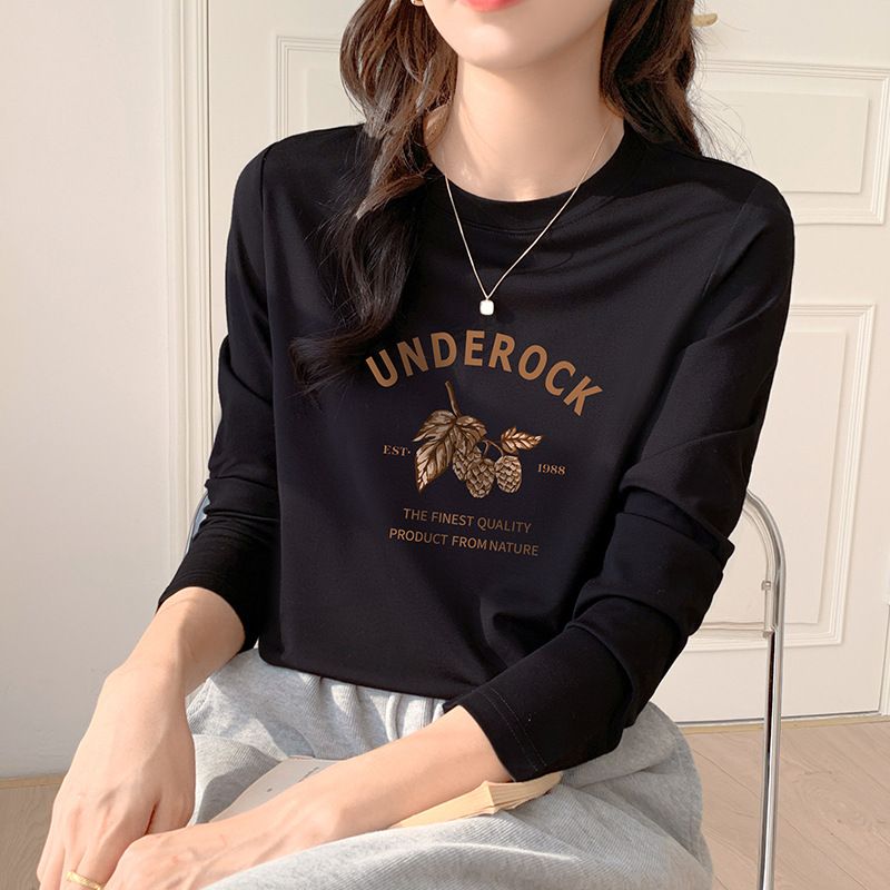 2024 spring new high quality cotton crew neck long sleeve t-shirt print fashion versatile top women's loose trend