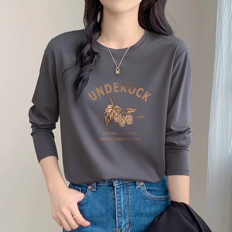 2024 spring new high quality cotton crew neck long sleeve t-shirt print fashion versatile top women's loose trend
