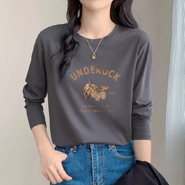 2024 spring new high quality cotton crew neck long sleeve t-shirt print fashion versatile top women's loose trend