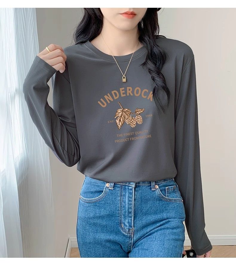2024 spring new high quality cotton crew neck long sleeve t-shirt print fashion versatile top women's loose trend