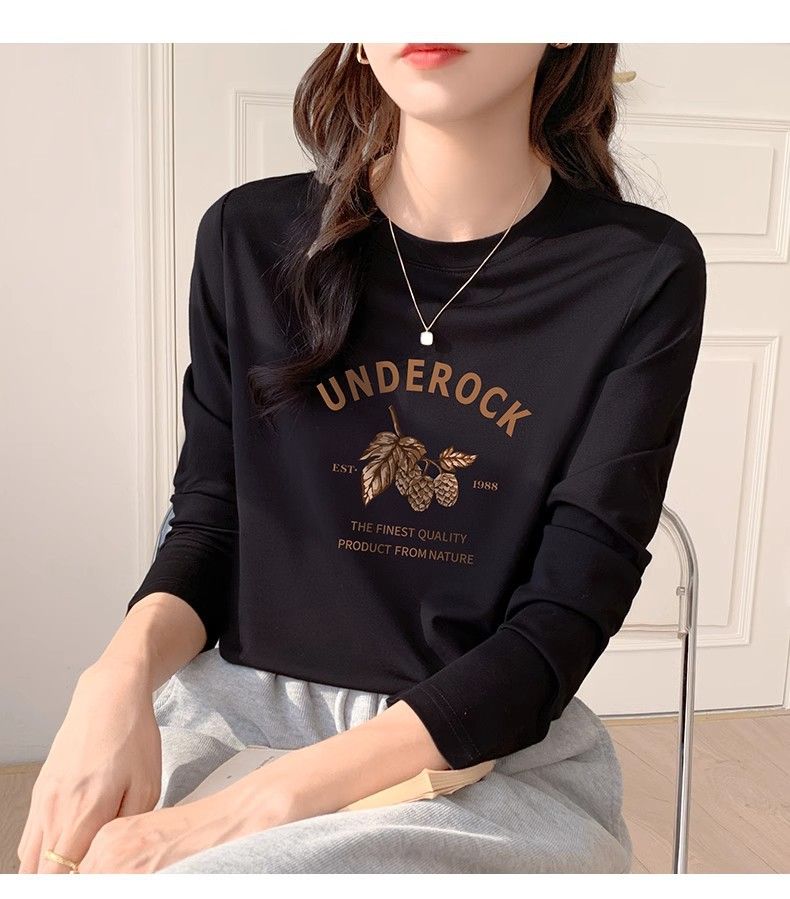 2024 spring new high quality cotton crew neck long sleeve t-shirt print fashion versatile top women's loose trend