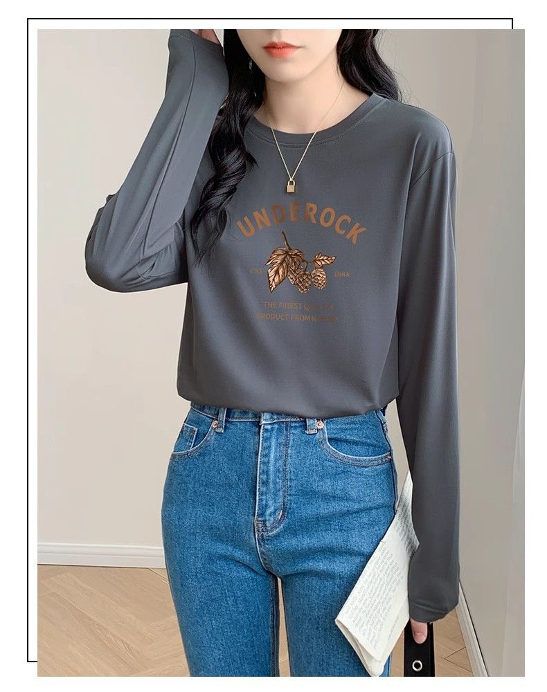 2024 spring new high quality cotton crew neck long sleeve t-shirt print fashion versatile top women's loose trend