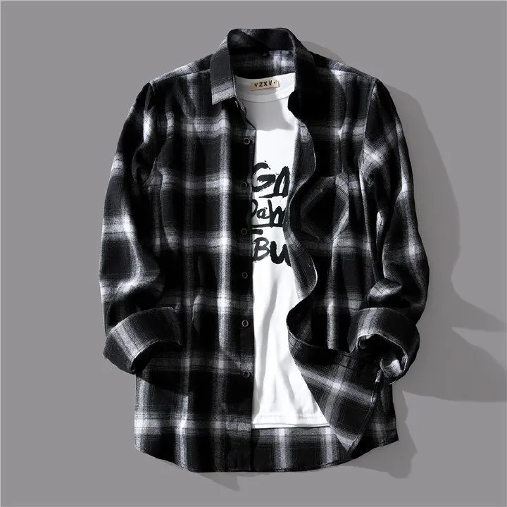 Black and white plaid long-sleeved shirt men's design sense niche retro loose shirt versatile jacket