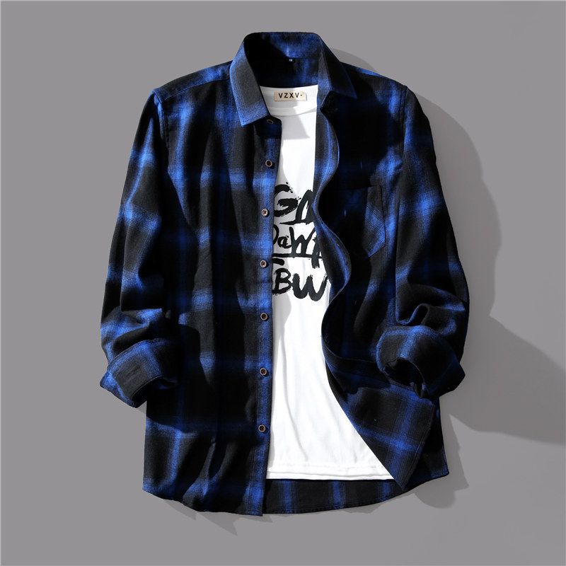 Black and white plaid long-sleeved shirt men's design sense niche retro loose shirt versatile jacket