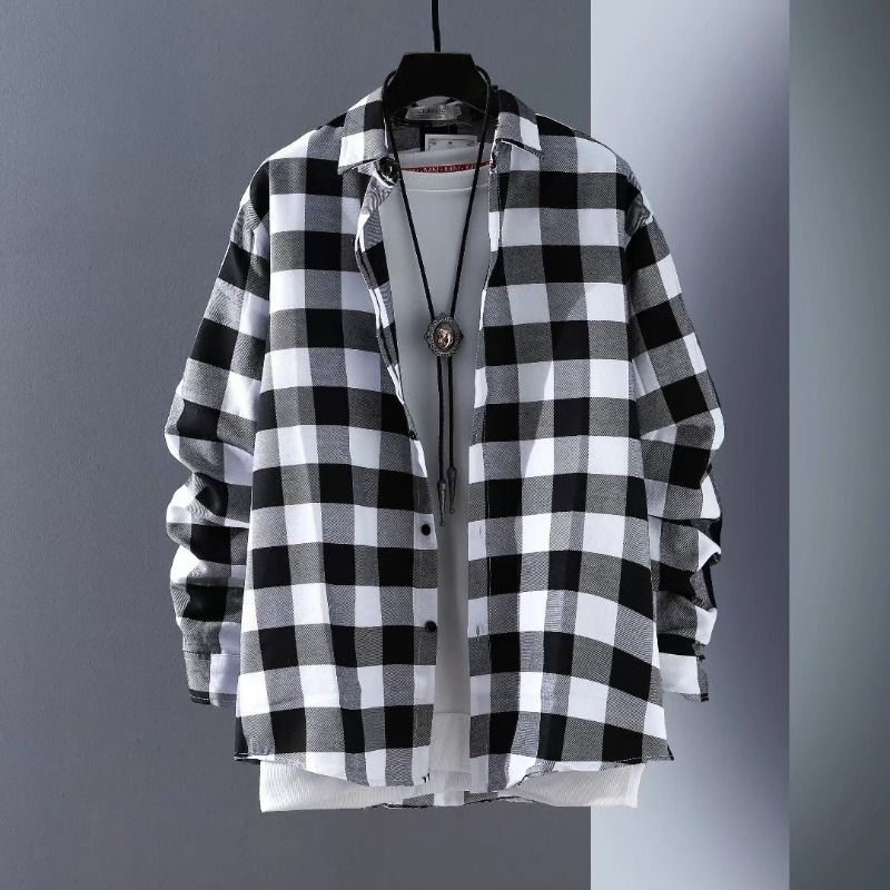 Black and white plaid long-sleeved shirt men's design sense niche retro loose shirt versatile jacket