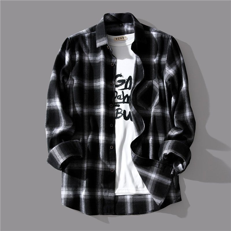 Black and white plaid long-sleeved shirt men's design sense niche retro loose shirt versatile jacket