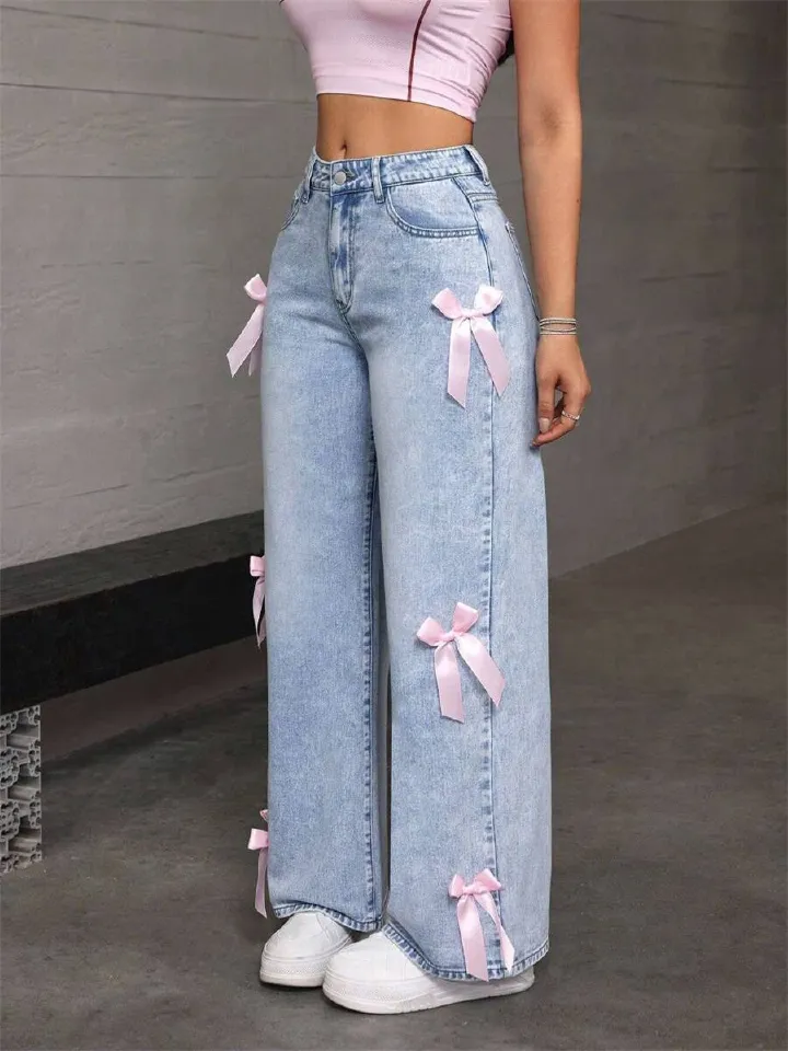 Street babes bow wash jeans with loose straight wide-leg trousers are comfortable and beautiful