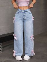 Street babes bow wash jeans with loose straight wide-leg trousers are comfortable and beautiful