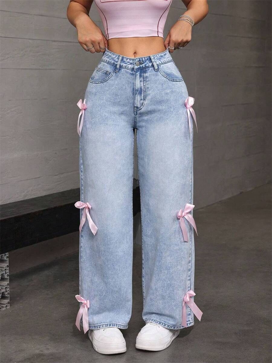 Street babes bow wash jeans with loose straight wide-leg trousers are comfortable and beautiful