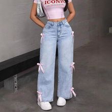 Street babes bow wash jeans with loose straight wide-leg trousers are comfortable and beautiful